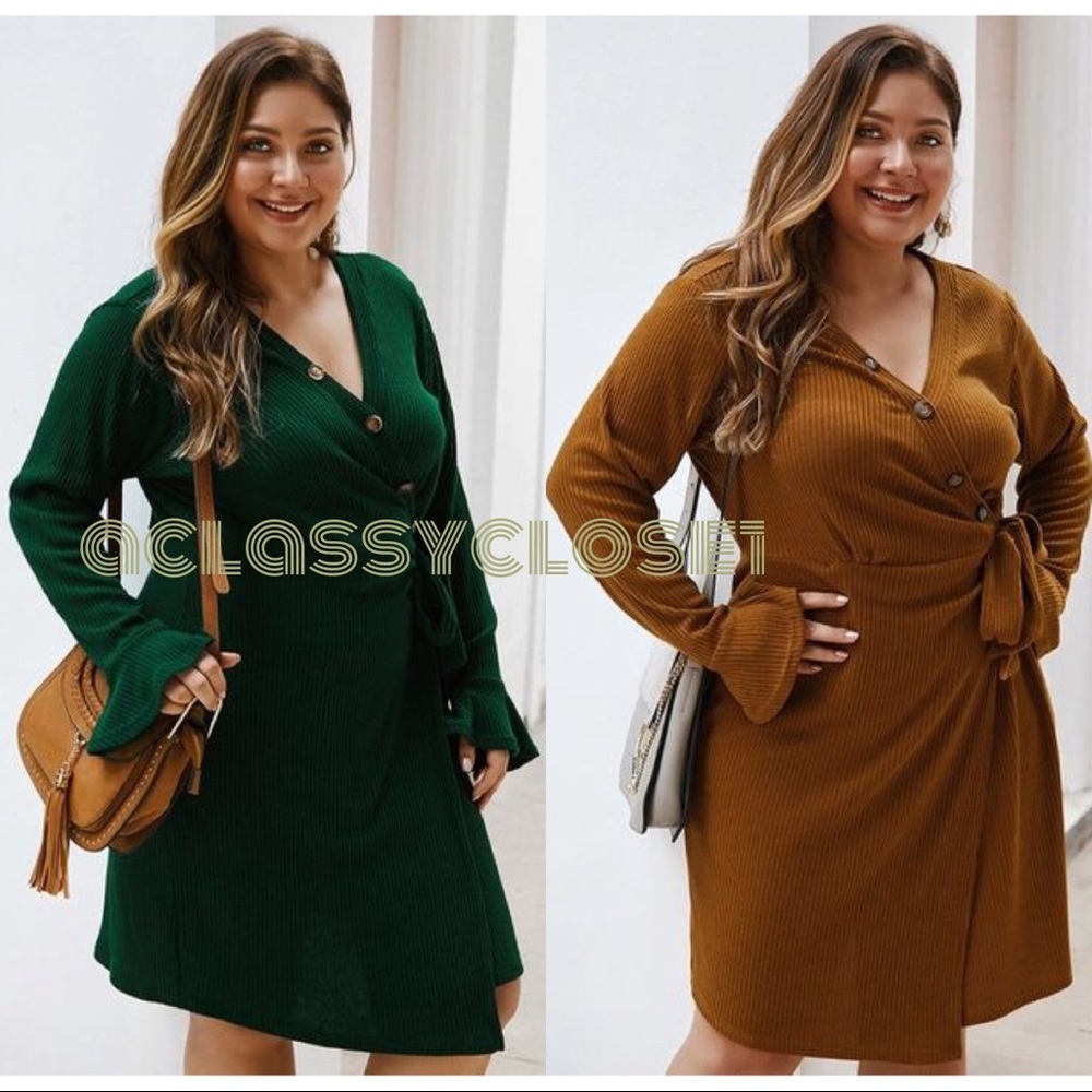 1X-2X-3X: Button Front Ribbed Wrap Dress